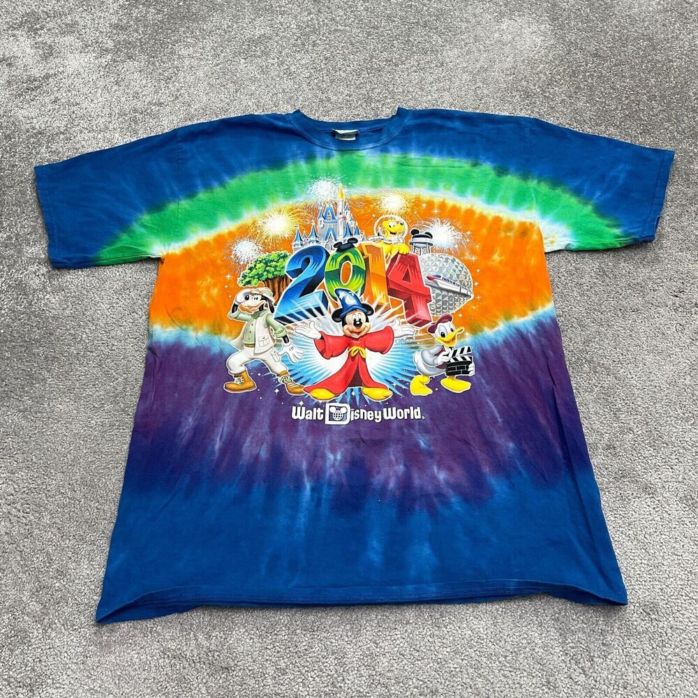 Disney Parks Tie-Dye Graphic T-Shirt Mens XL Multi Crew Neck New Year 2014 Tee
